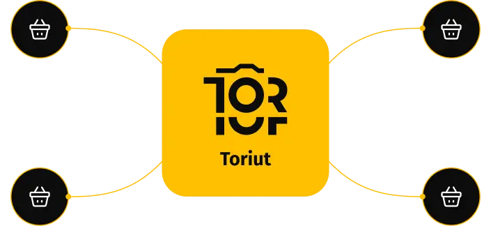 One Toriut PIM connected two-way to US, DE, EU, and UK Shopify stores